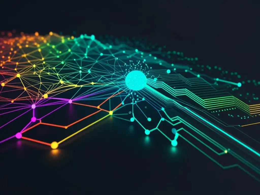 Interfaz futurista con visualizaciones de datos y conexiones de red, simbolizando el análisis predictivo en ciberseguridad