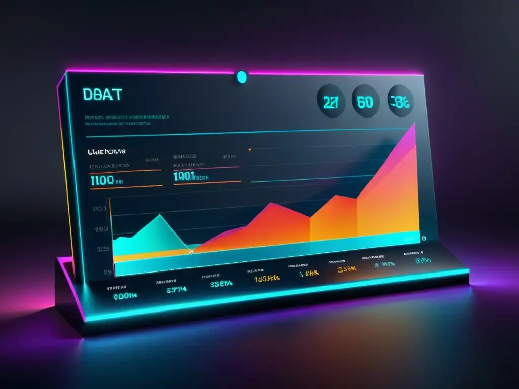 Una interfaz futurista de visualizaciones de datos tecnológicos interactivos, con gráficos de red y colores vibrantes en fondo oscuro
