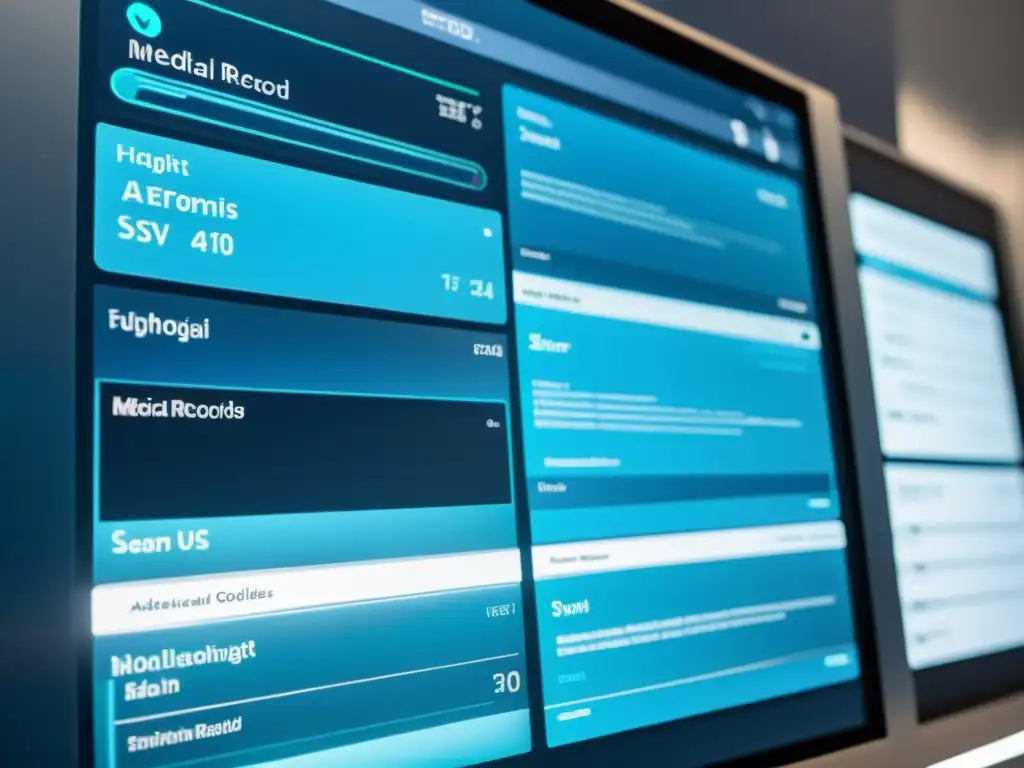 Una interfaz holográfica futurista muestra IA en expedientes médicos integrados en un entorno médico moderno y tecnológico