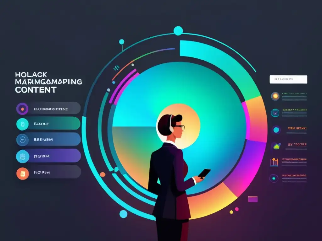 Una interfaz holográfica futurista muestra personalización extrema e inteligencia artificial en marketing, con vibrantes colores y diseño geométrico