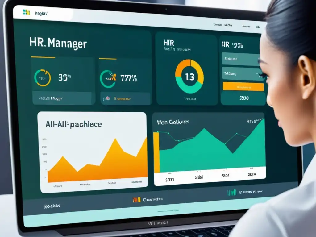 Interfaz de IA futurista mostrando un gestor virtual de RRHH con gráficos y datos