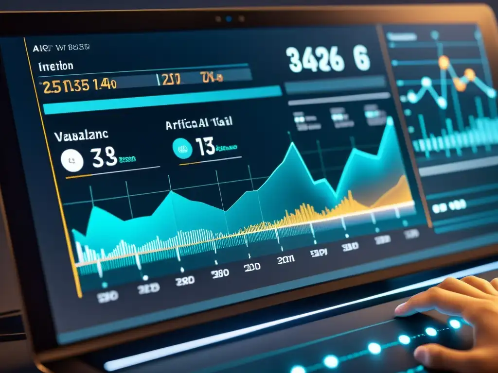 Interfaz de inteligencia artificial futurista que muestra visualizaciones de datos y algoritmos de optimización