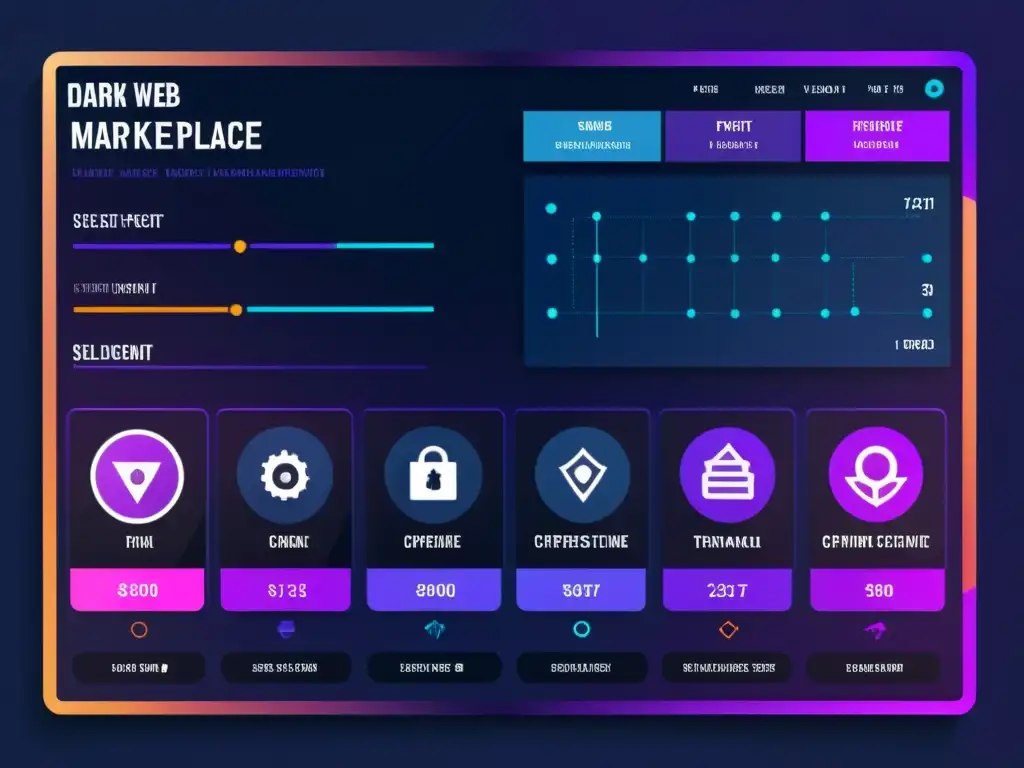 Una interfaz de mercado oscuro con diseño futurista en tonos azules y morados, mostrando símbolos de criptomonedas y transacciones