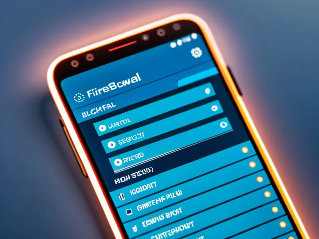 Interfaz minimalista de firewall en smartphone, con gráficos digitales representando protección avanzada contra amenazas cibernéticas