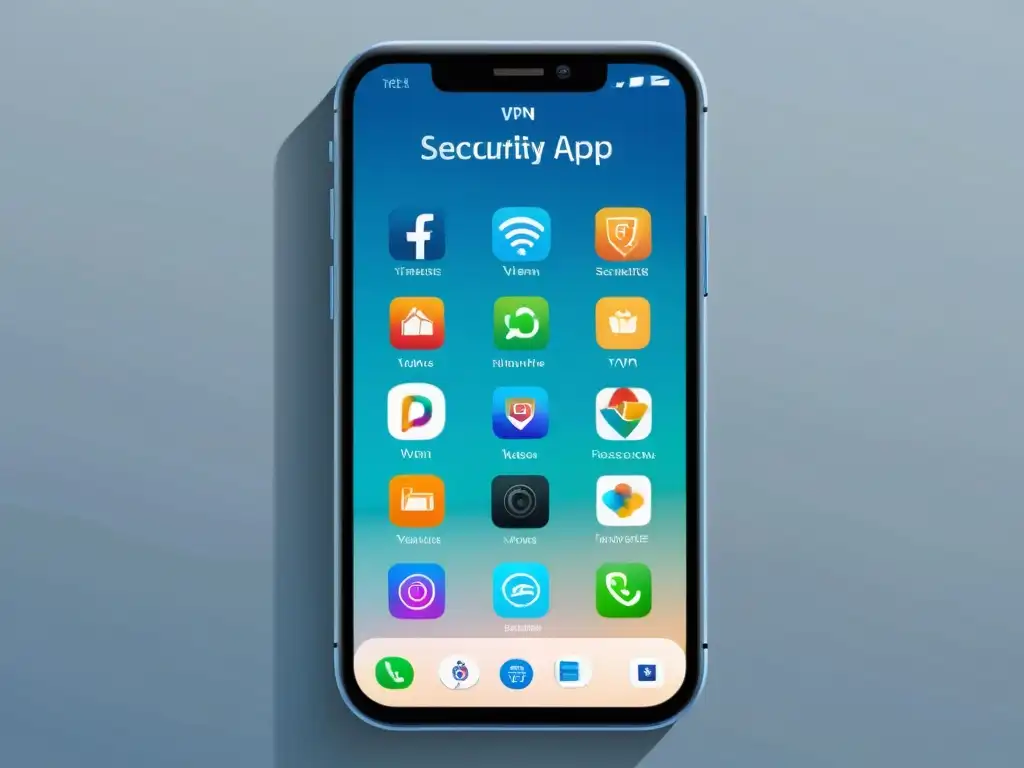 Interfaz minimalista de smartphone con iconos de aplicaciones de seguridad como antivirus, VPN y gestores de contraseñas