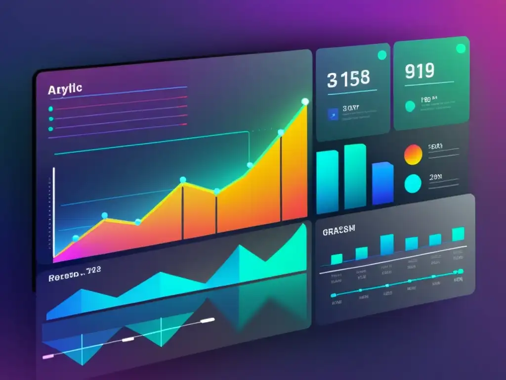 Interfaz moderna con gráficos de analítica predictiva en colores vibrantes y líneas limpias, rodeada de elementos abstractos futuristas