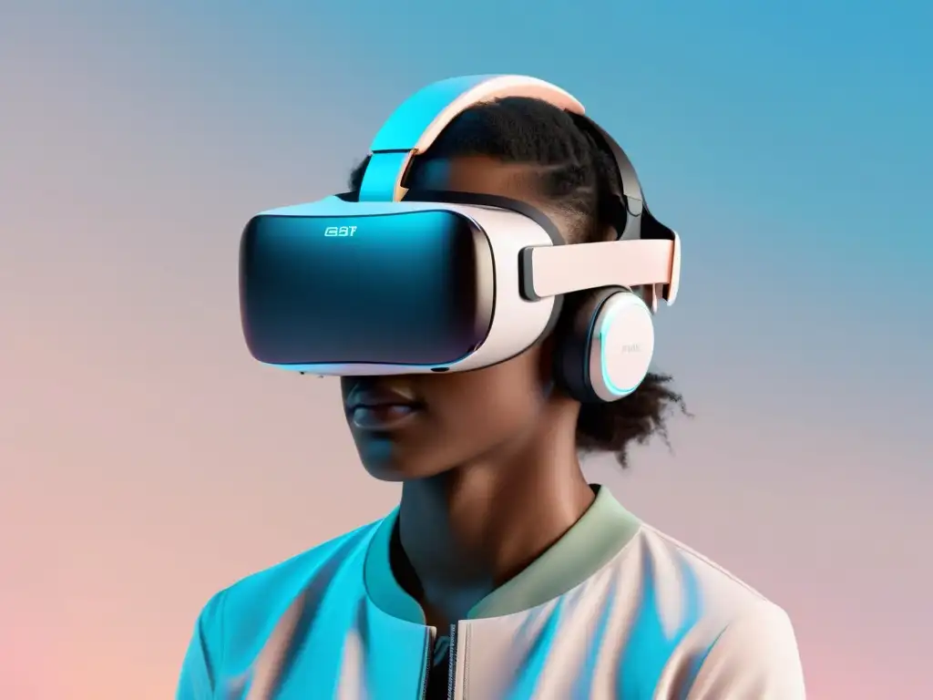 Interfaz de realidad virtual minimalista y serena con diseño accesible en realidad virtual, colores pastel y líneas futuristas