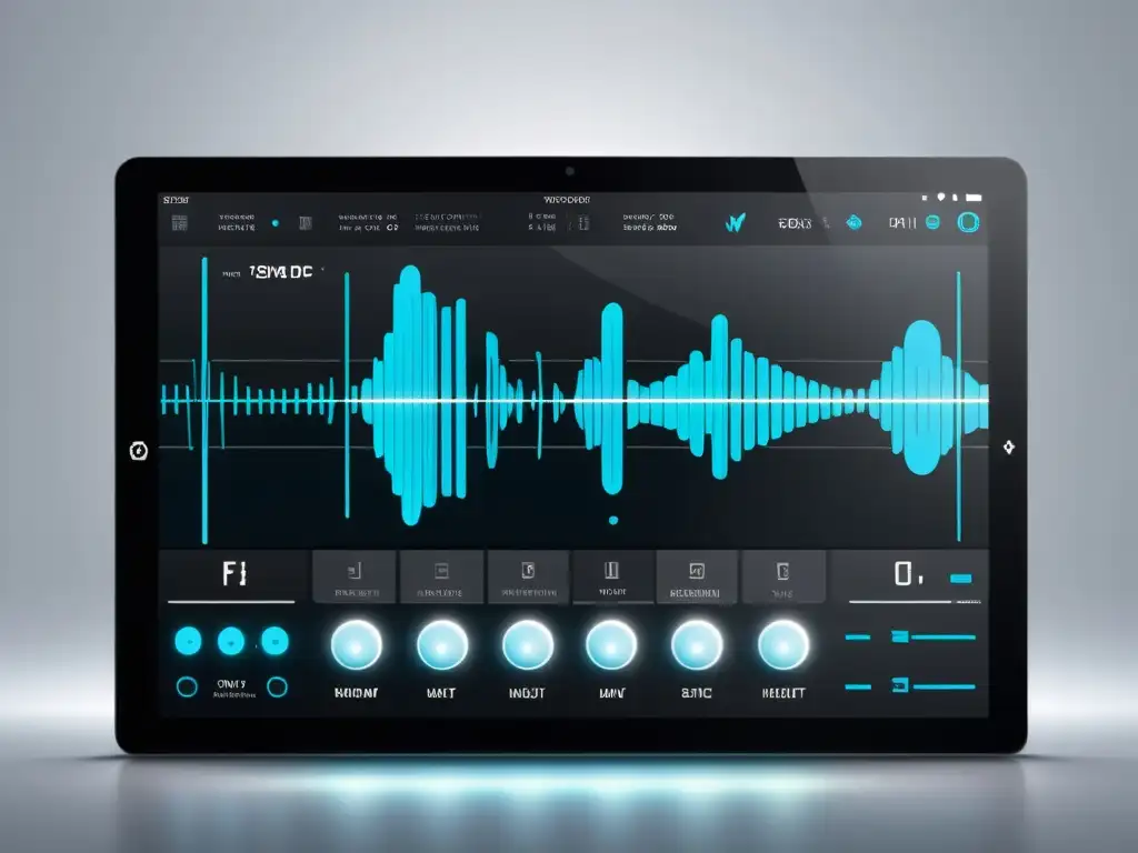 Interfaz de software de composición musical con inteligencia artificial en diseño futurista y elegante, mostrando ondas y notación avanzada