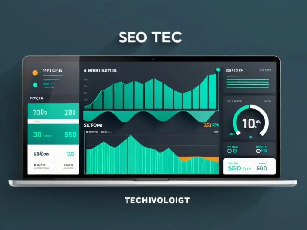 Interfaz tecnológica futurista con métricas SEO y visualizaciones de datos, evocando la vanguardia y las mejoras esenciales SEO para tecnología emergente