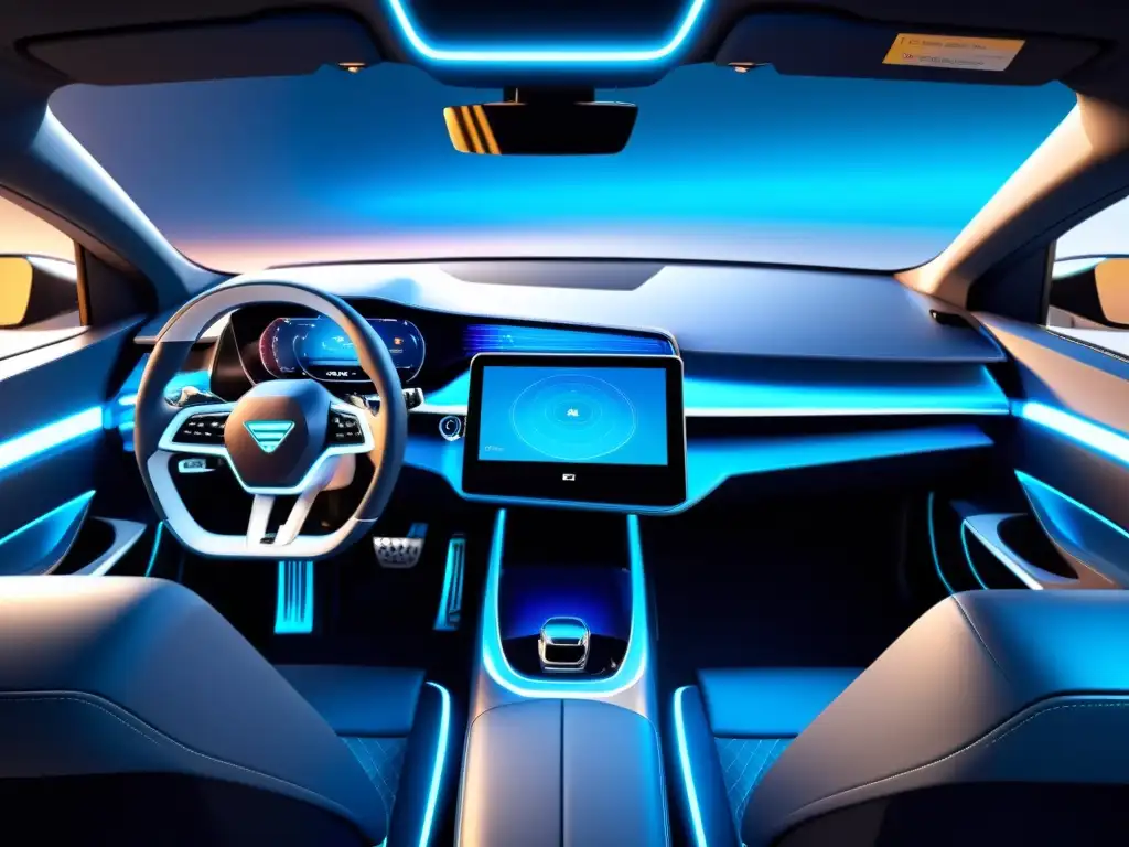 Interior futurista de auto con pantalla táctil y hologramas, bañado en luz azul