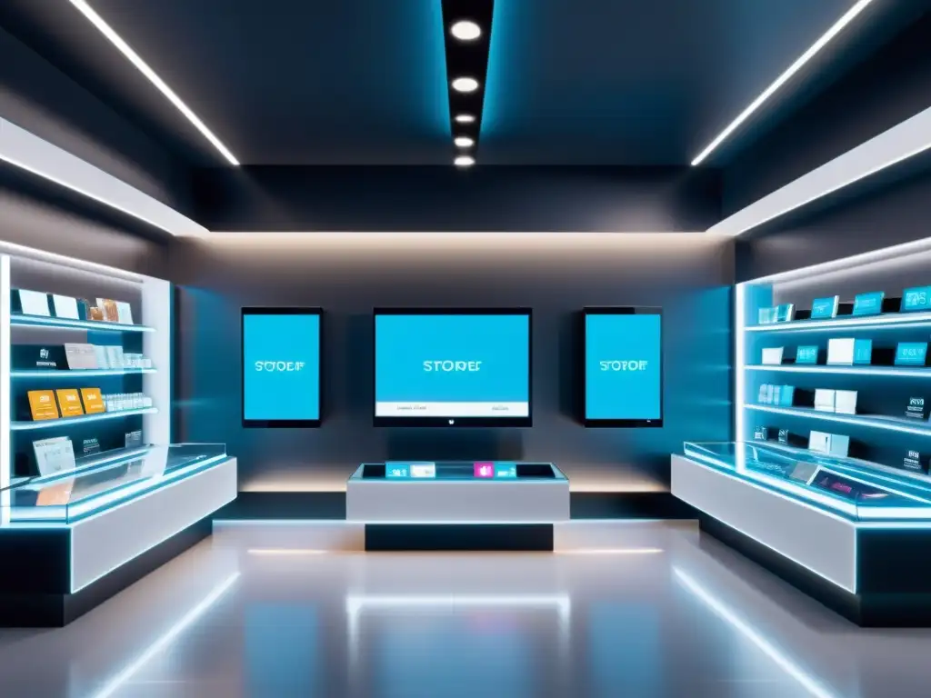 Interior futurista de tienda con clientes interactuando en programas de fidelidad del cliente en Blockchain, iluminación suave y moderna