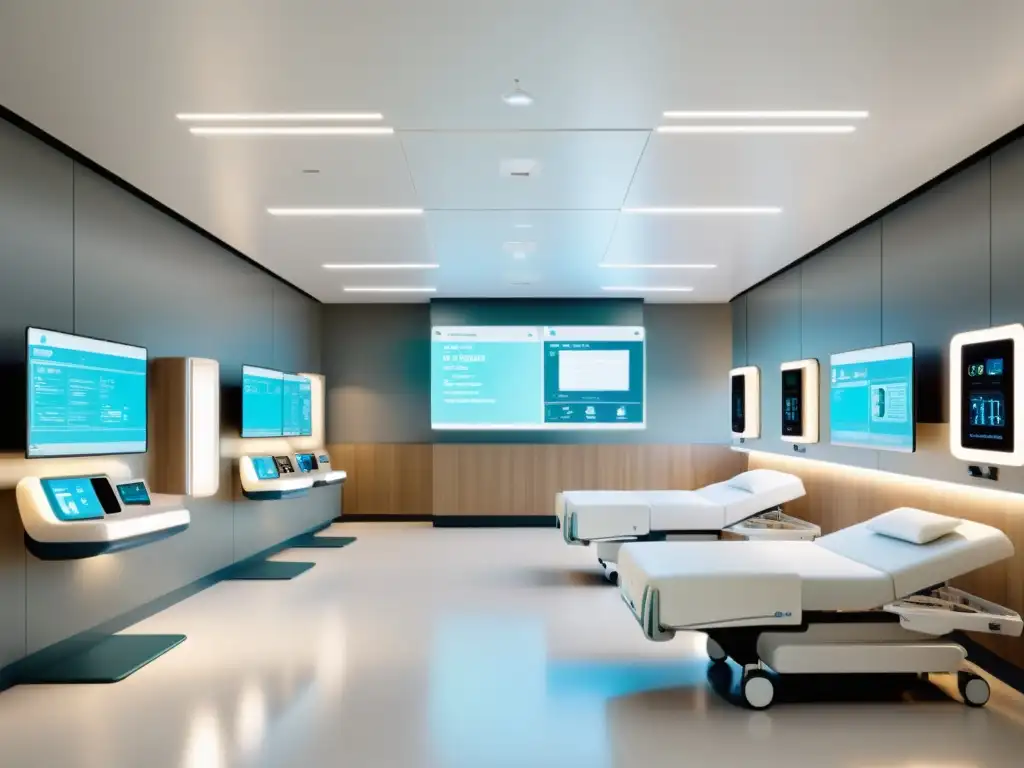 Interior hospitalario moderno con tecnología AI integrada, iluminación suave y ambiente reconfortante