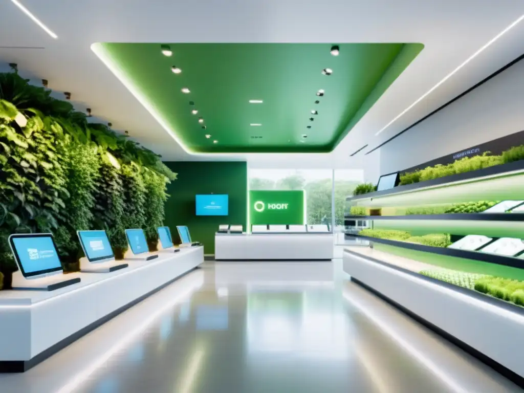 Interior minimalista de tienda futurista con tecnología inteligente y consumo consciente y eficiente en retail