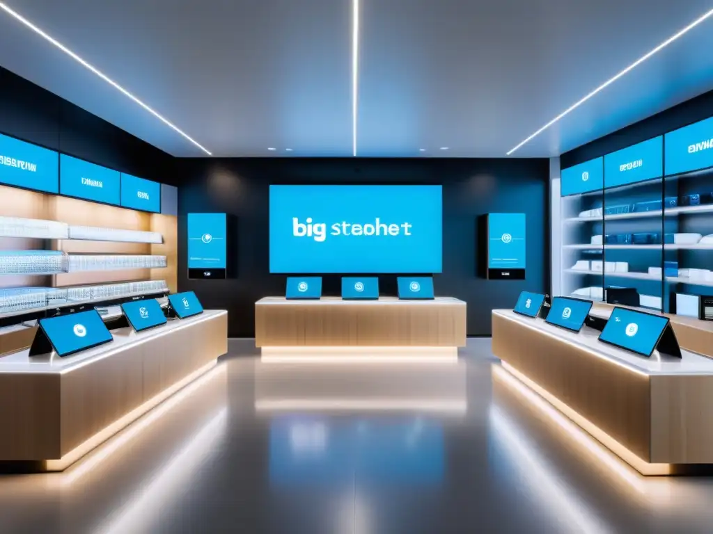 Interior minimalista de tienda con pantallas digitales que muestran tendencias de comportamiento de compra con Big Data, bañado en luz natural