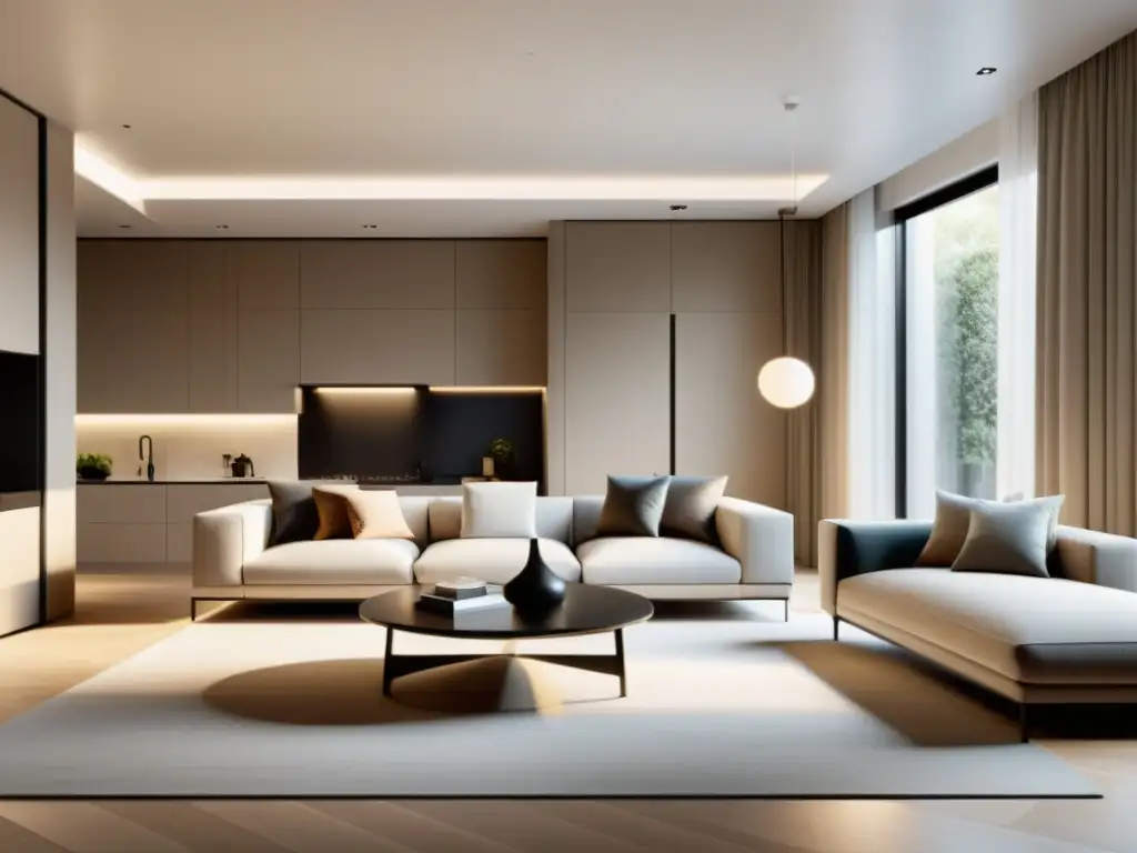 Interior moderno y minimalista con mobiliario elegante y luz natural, creando una atmósfera sofisticada