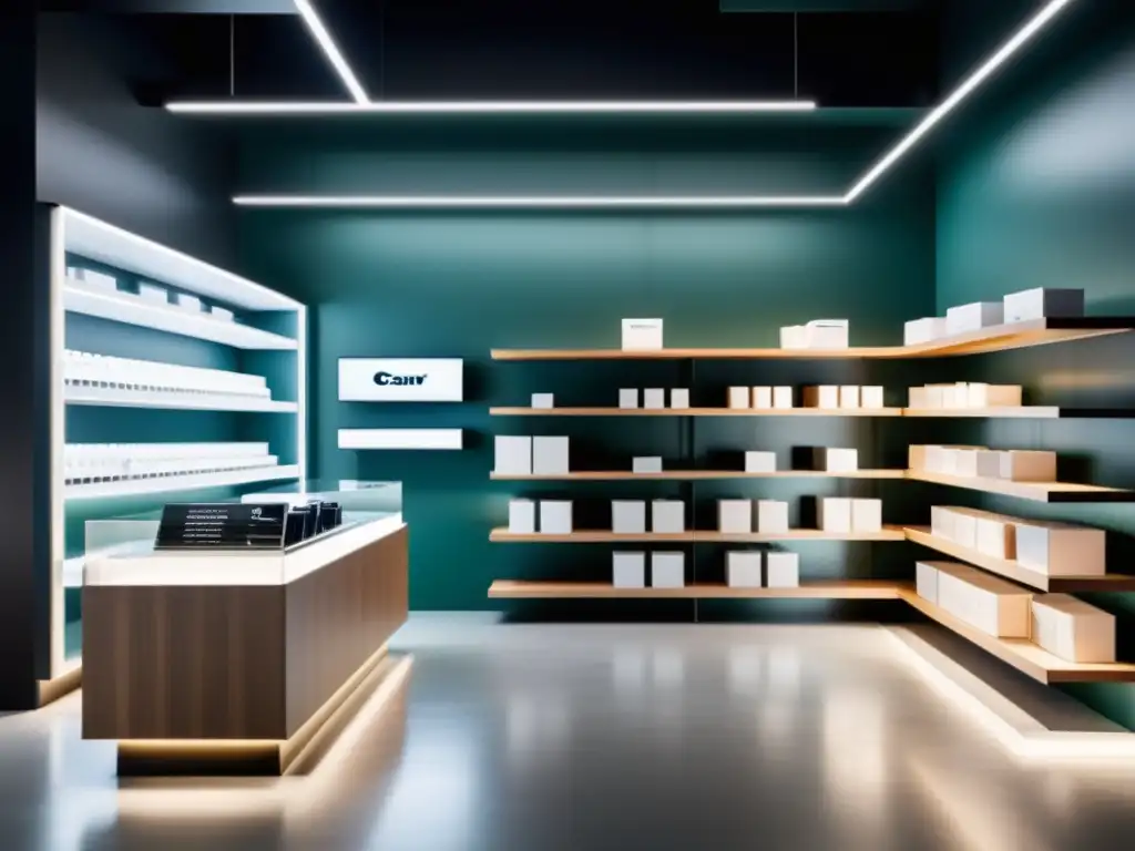 Interior moderno de tienda con líneas limpias y estantes minimalistas, iluminación suave