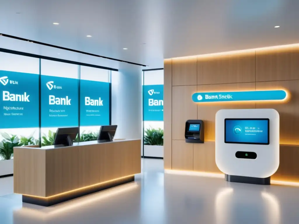 Interior de sucursal bancaria futurista con inteligencia artificial en finanzas bancarias, diseño elegante y tecnología avanzada