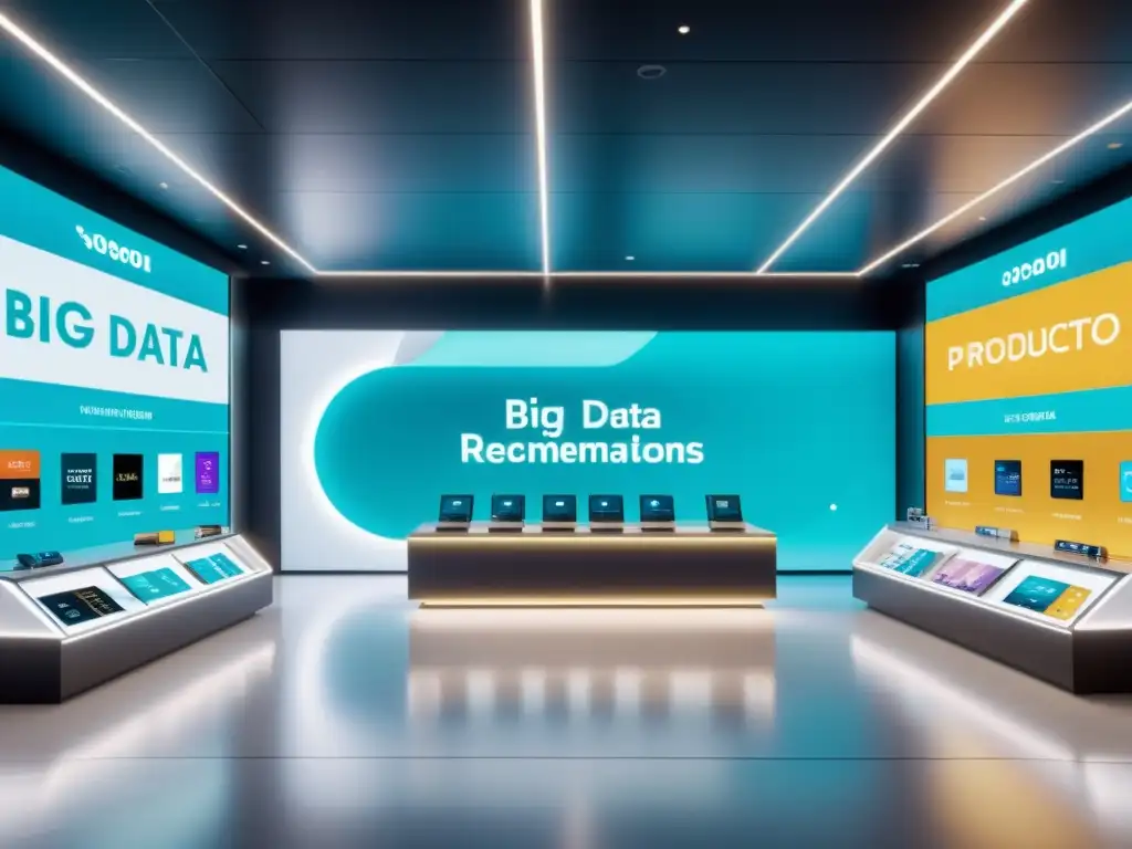 Interior de tienda futurista con experiencias de compra tecnológicas mejoradas y estrategias de fidelización de clientes basadas en big data