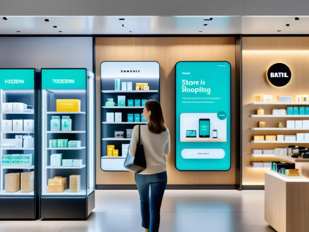 Interior de tienda moderna con estrategias retail inteligente big data, diseño sofisticado y experiencia de compra avanzada