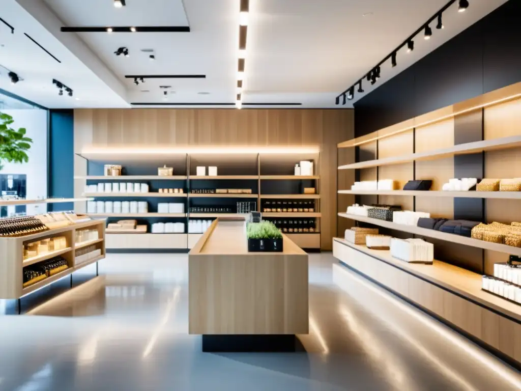 Interior de tienda moderna y sostenible, con diseño minimalista y productos ecofriendly