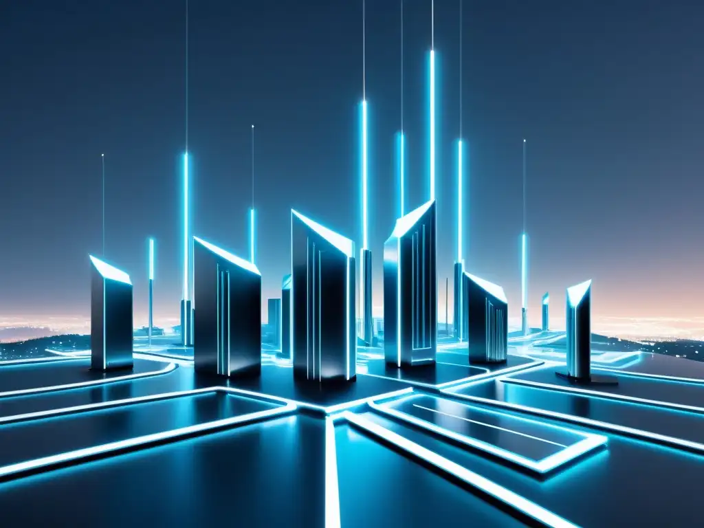 Red 5G futurista: conectividad sin fisuras Interoperabilidad en 5G: Ilustración minimalista de torres y dispositivos interconectados en una red futurista 5G, con diseño elegante y monocromático