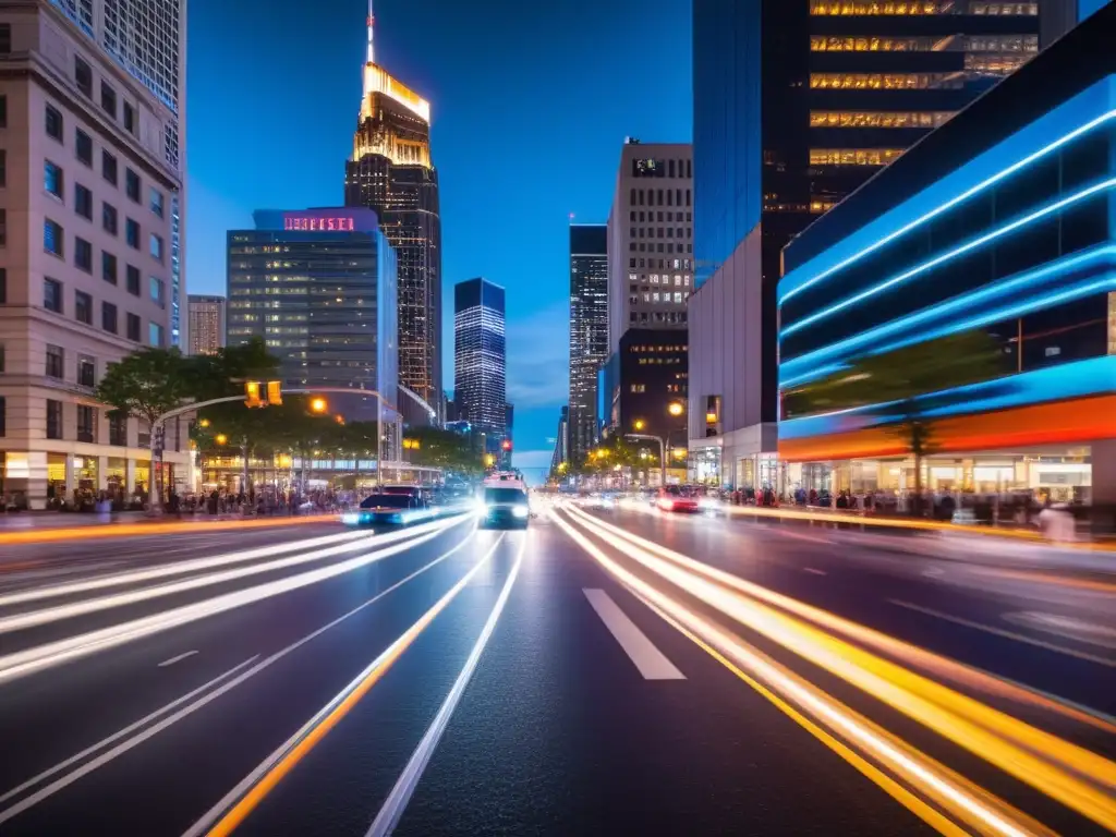 Una intersección urbana bulliciosa de noche, iluminada por luces de neón y destellos de faros