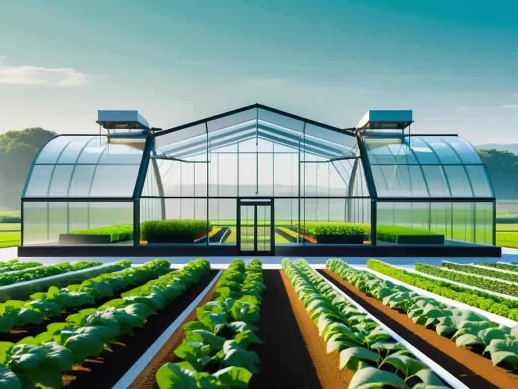 Un invernadero futurista con cultivos vibrantes y brazos robóticos en medio de datos y visualizaciones, adaptando la agricultura al cambio climático