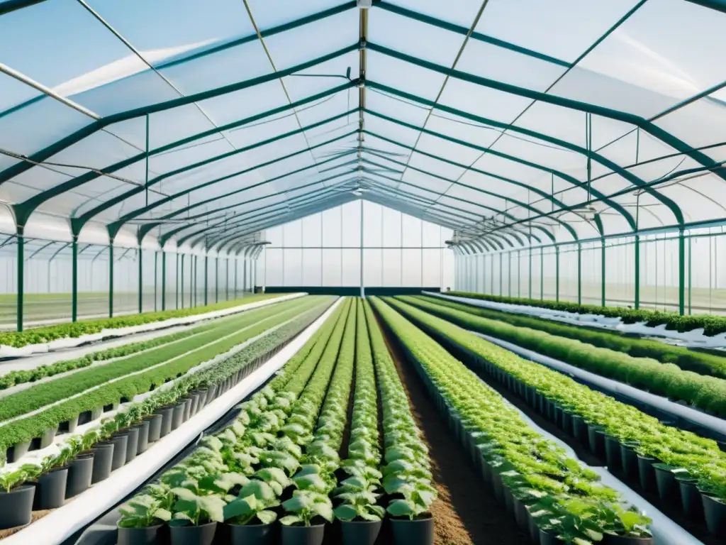 Un invernadero futurista lleno de plantas saludables, vigilado por tecnología AI