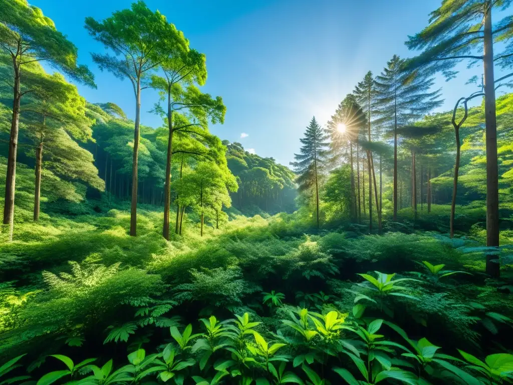 Inversión responsable en tokenización de activos sostenibles: imagen de un exuberante bosque verde con cielo azul claro, filtrando la luz del sol entre las frondosas hojas, creando patrones de luz y sombra en el suelo del bosque, transmitiendo tranquilidad y potencial de inversiones sostenibles en