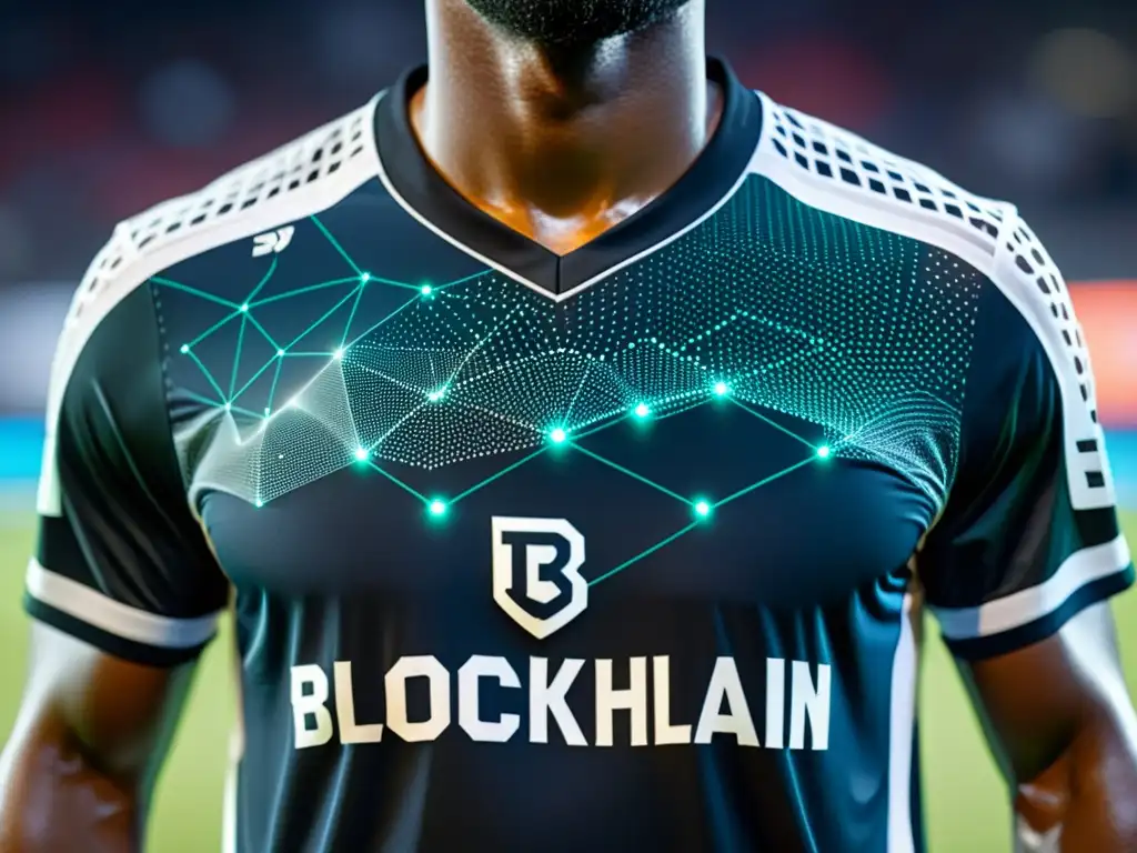 Jersey deportivo con red blockchain transparente, simbolizando la transparencia en traspasos deportivos mediante blockchain