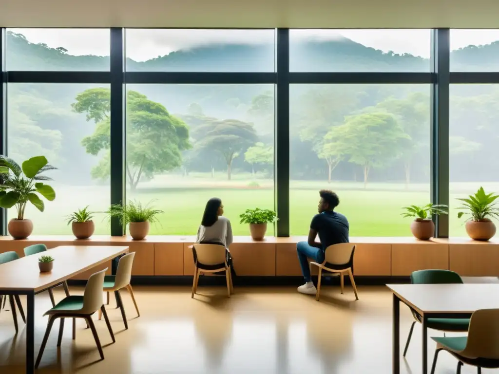 Jóvenes en una clase serena, discutiendo ética ambiental y AI