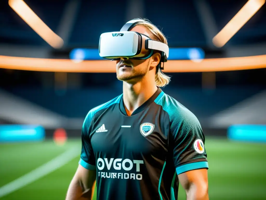 Jugador de fútbol con visor de realidad virtual y traje de captura de movimiento en campo virtual con indicadores