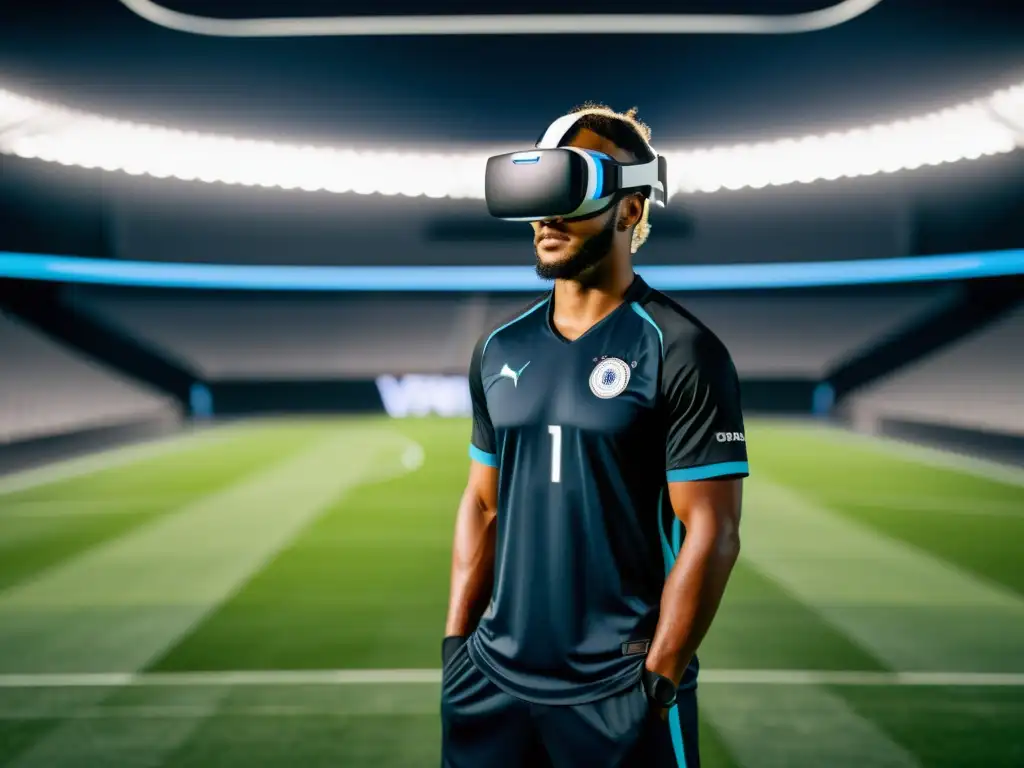 Jugador de fútbol con tecnología de realidad virtual en entrenamiento deportivo con realidad virtual