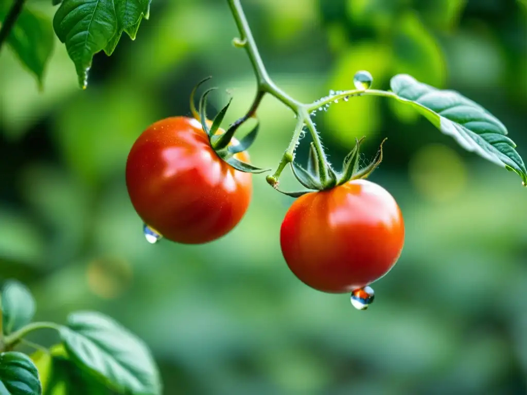 Una jugosa y madura tomate rojo en una vid, rodeado de exuberante follaje