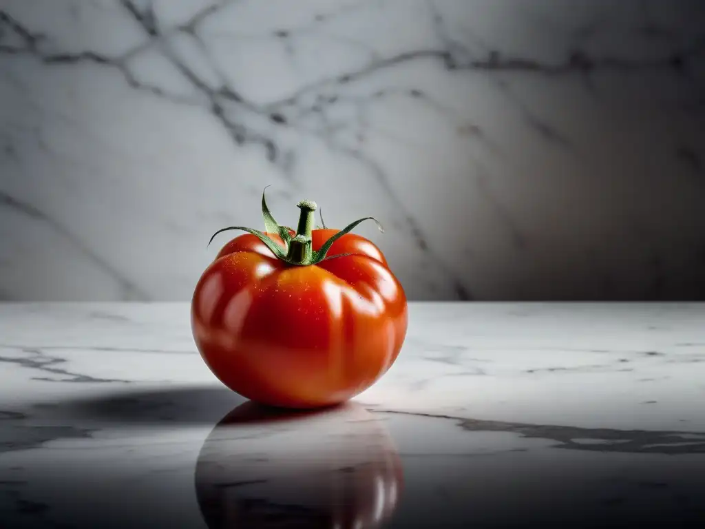 Una jugosa y madura tomate en superficie de mármol blanco, realzando su frescura y color rojo vibrante