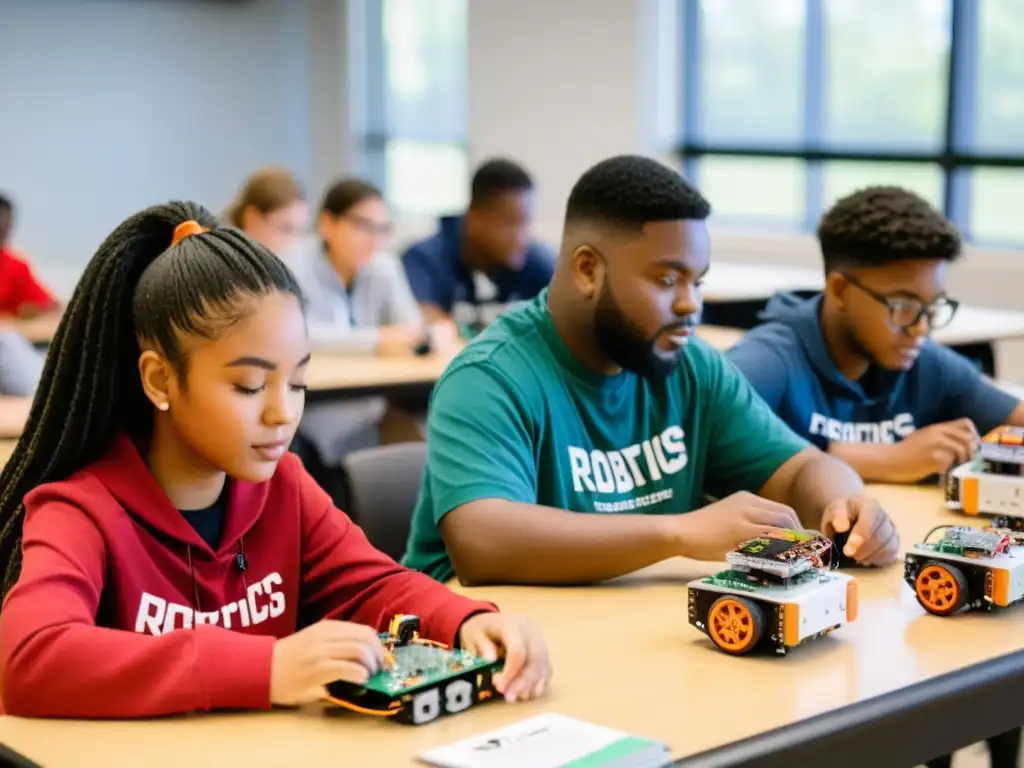 Implementar kits de robótica educativa: Estudiantes diversos colaboran en un aula bien iluminada, ensamblan y discuten con entusiasmo