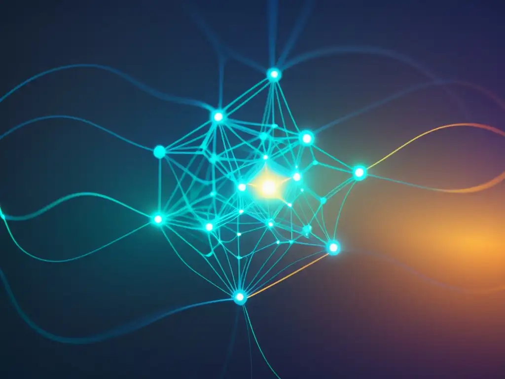 Red neuronal futurista: tecnología avanzada y complejidad Un laberinto de nodos iluminados, simbolizando la complejidad de la inteligencia artificial