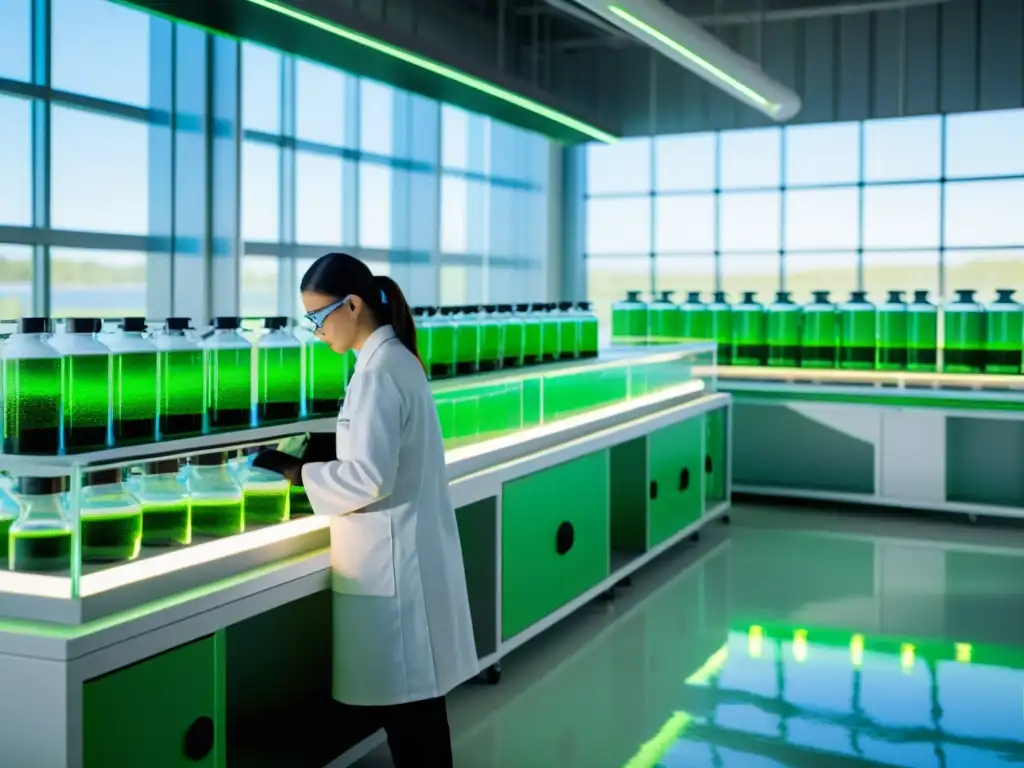 Un laboratorio futurista con bioreactores de algas verdes, tecnología avanzada y un científico ajustando controles