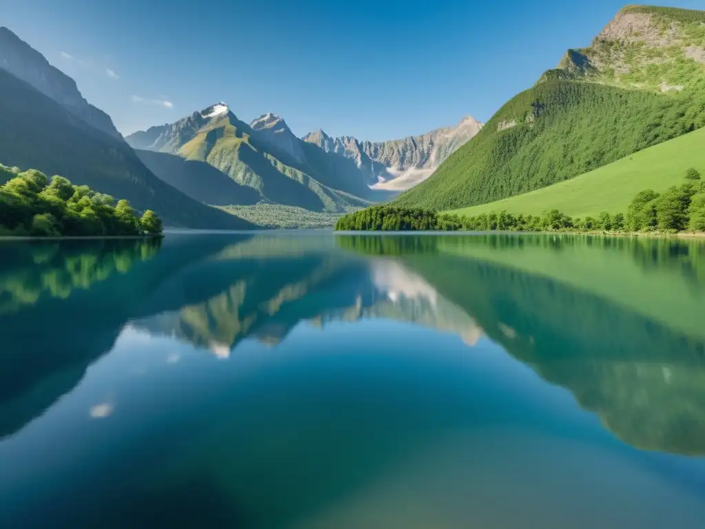 Un lago de aguas cristalinas rodeado de imponentes montañas, reflejando un paisaje sereno