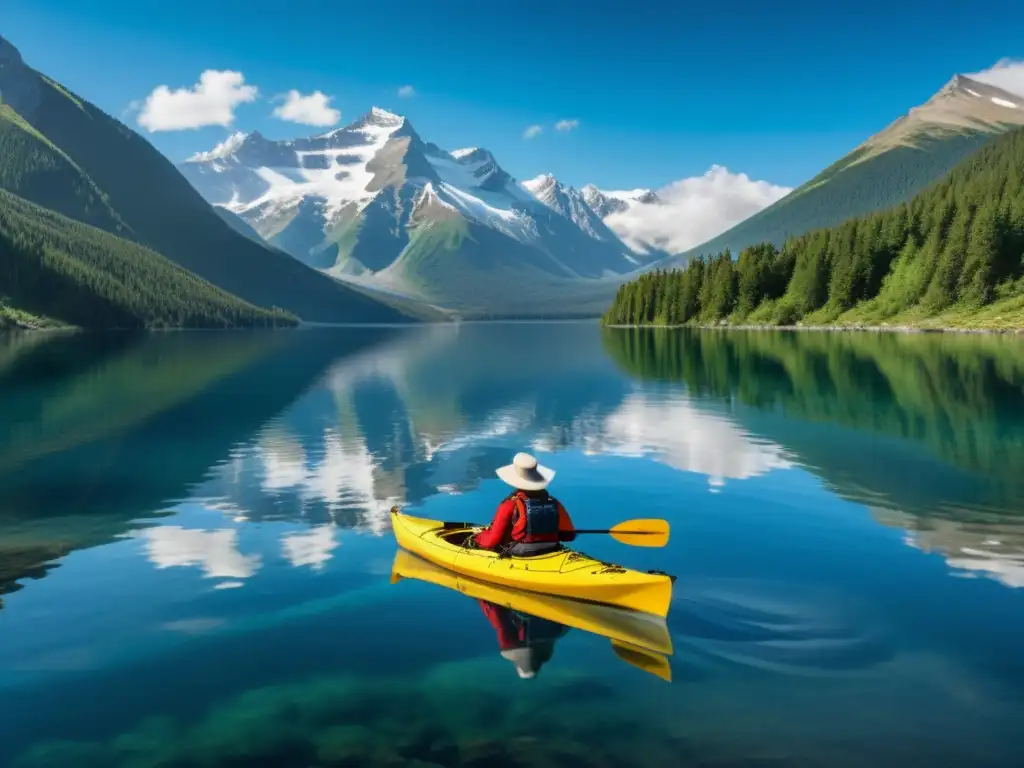 Un lago de montaña cristalino reflejando picos nevados, con un kayak solitario