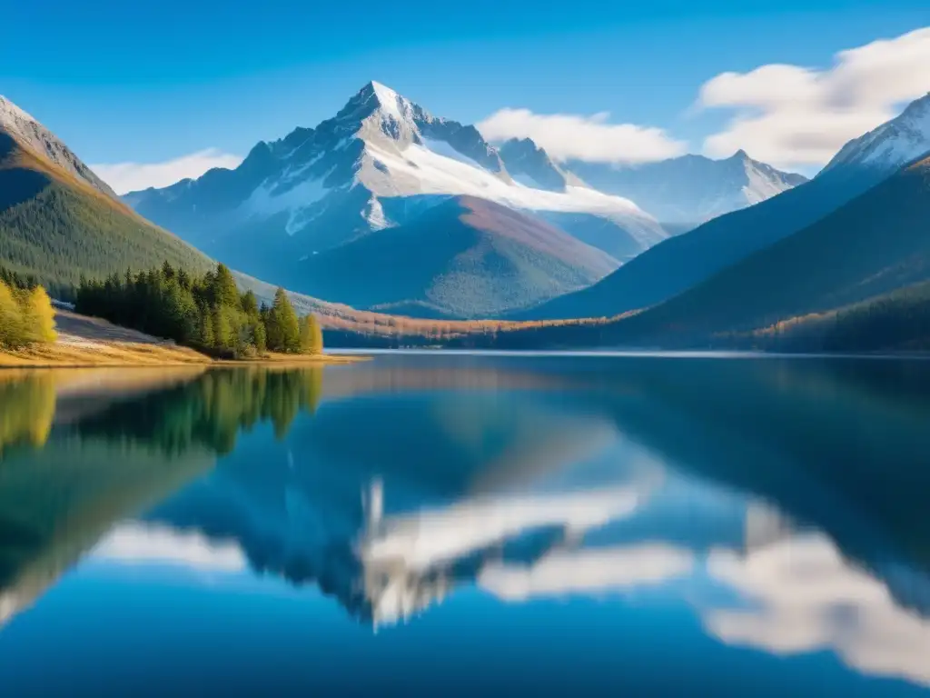 Un lago sereno y cristalino refleja montañas y cielo, transmitiendo tranquilidad