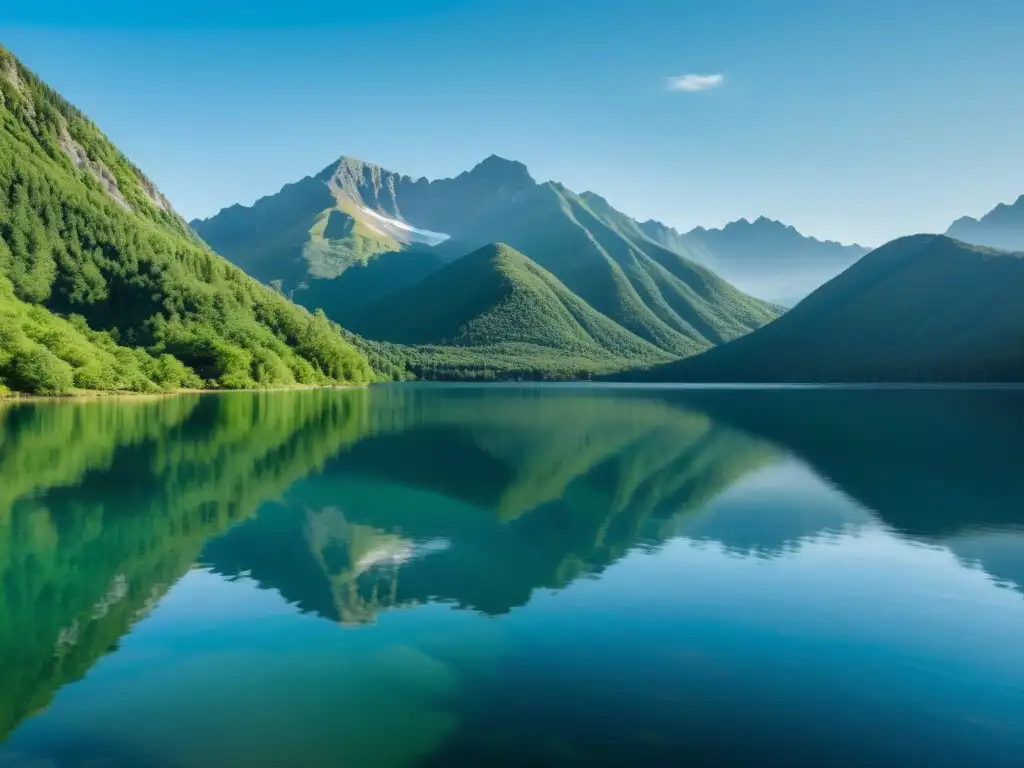 Un lago sereno refleja montañas y cielo en perfecta calma