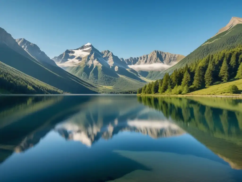 Un lago sereno reflejando montañas, cielo azul y paz