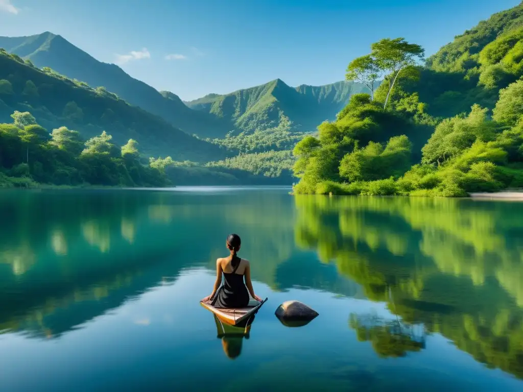 Un lago sereno rodeado de exuberante vegetación, reflejando el cielo azul