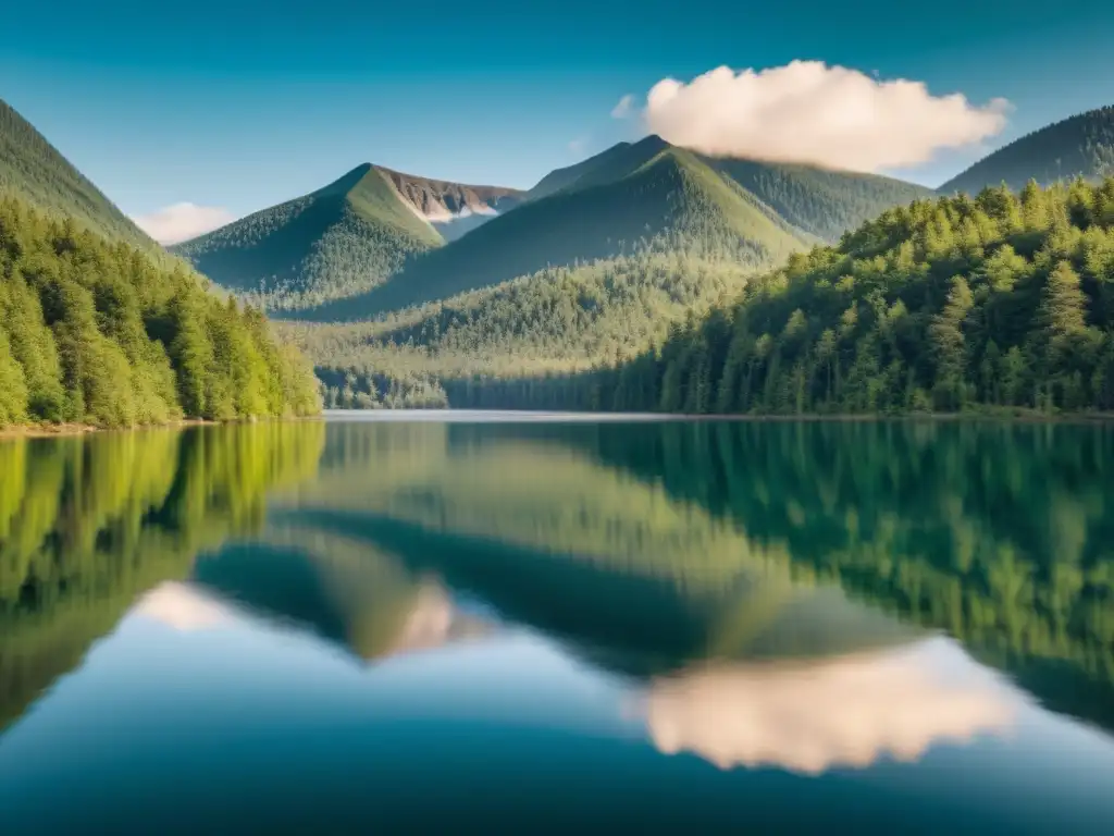 Un lago tranquilo rodeado de bosques, reflejando el cielo y la naturaleza en su superficie