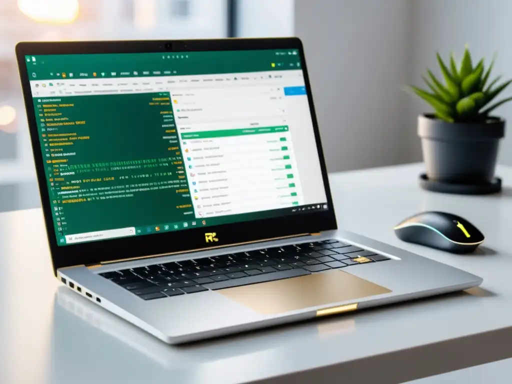 Una laptop moderna muestra pantallas divididas de R y Python para análisis estadístico de datos
