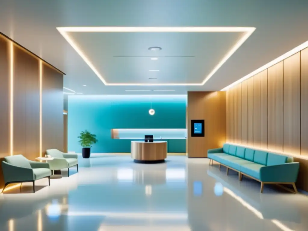 Un lobby hospital futurista y minimalista con moderna arquitectura, iluminación ambiental suave y tecnología integrada