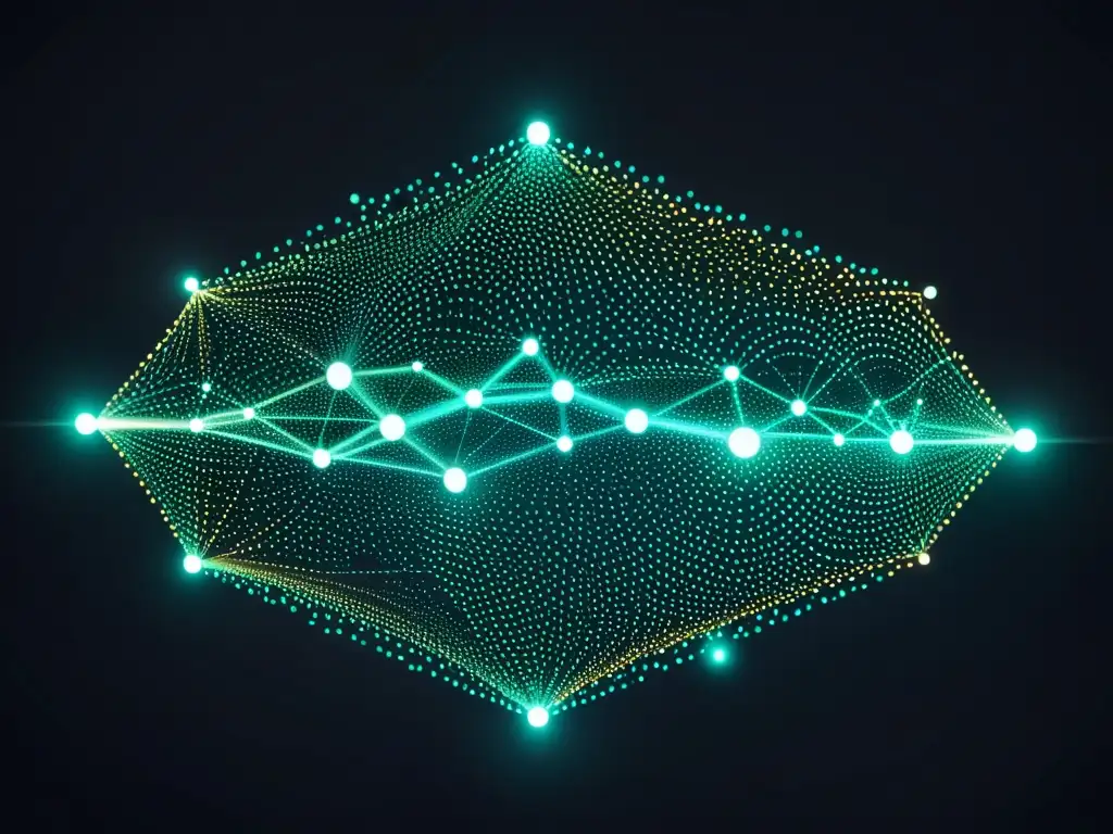 Interconexión luminosa y sofisticada de nodos y datos, simbolizando la importancia del Big Data en tecnología