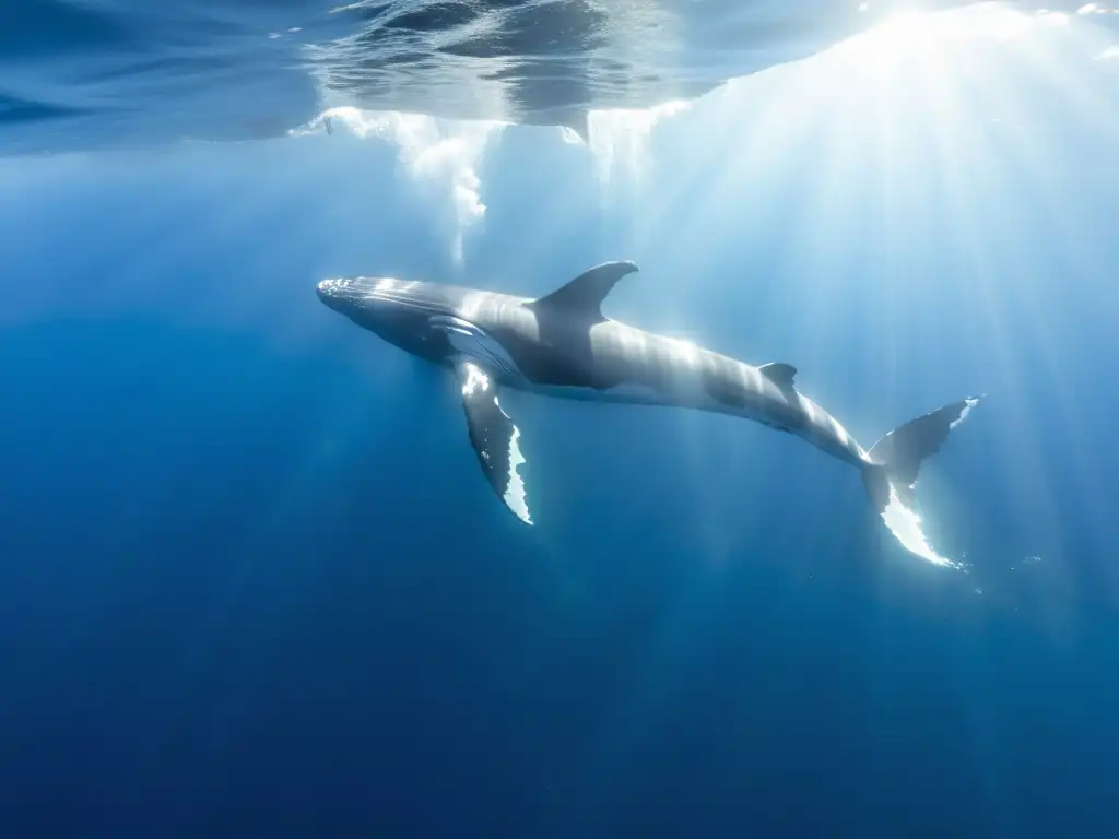 Una majestuosa imagen de un vasto océano azul profundo, con vida marina y la promesa de conservación marina con big data