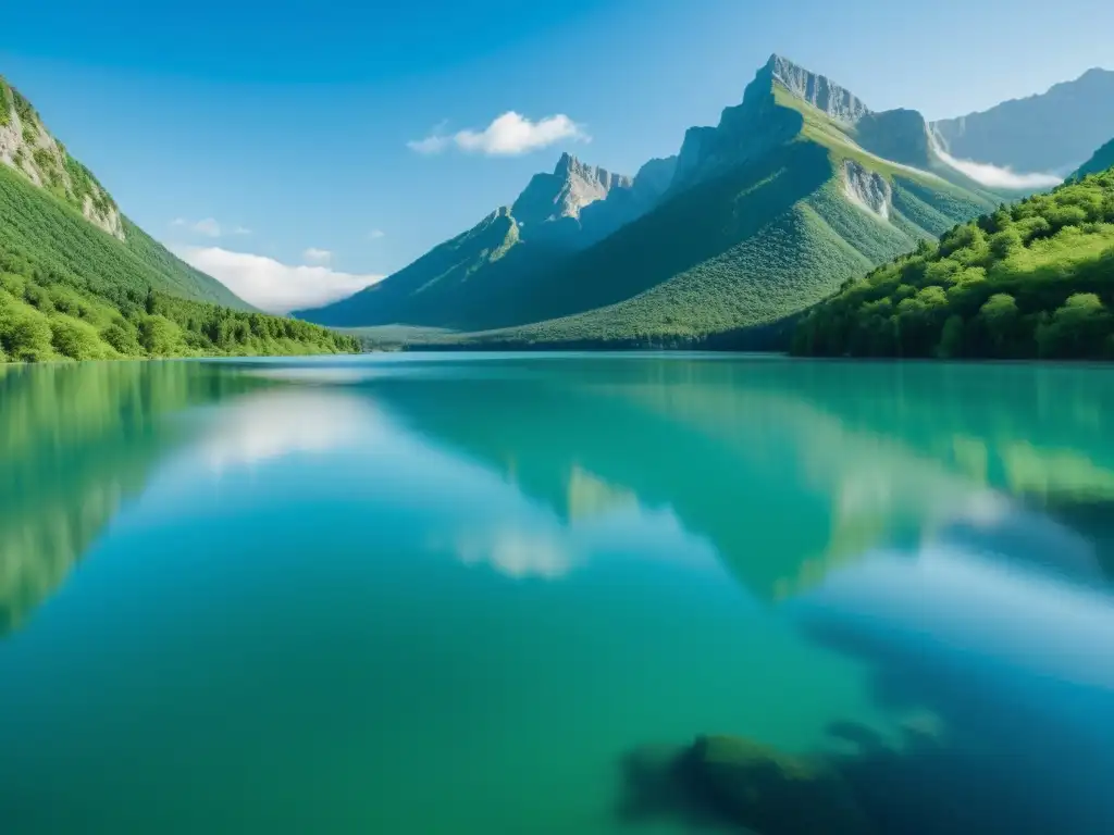 Una majestuosa vista de un lago cristalino entre montañas, reflejando el cielo azul